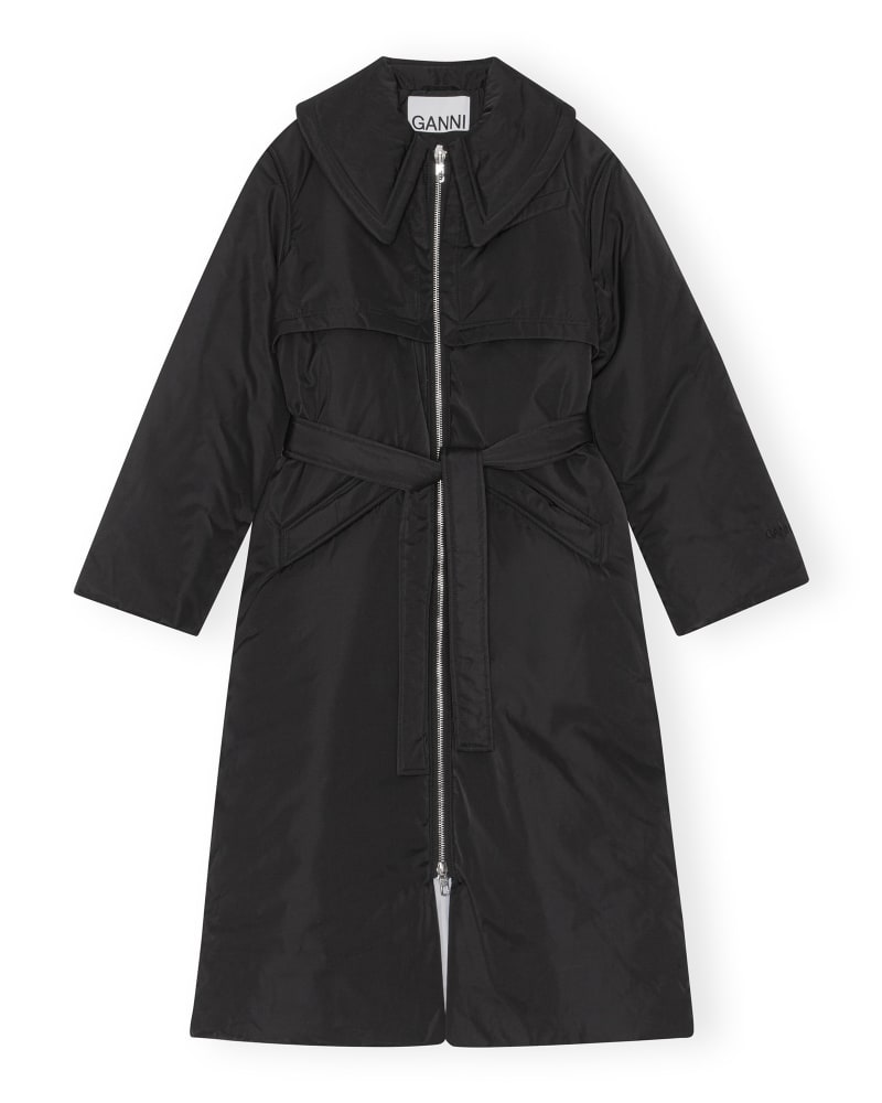 Front of a model wearing a size 2X/3XL Arleth Shiny Puff Coat in BLACK by GANNI. | dia_product_style_image_id:242701